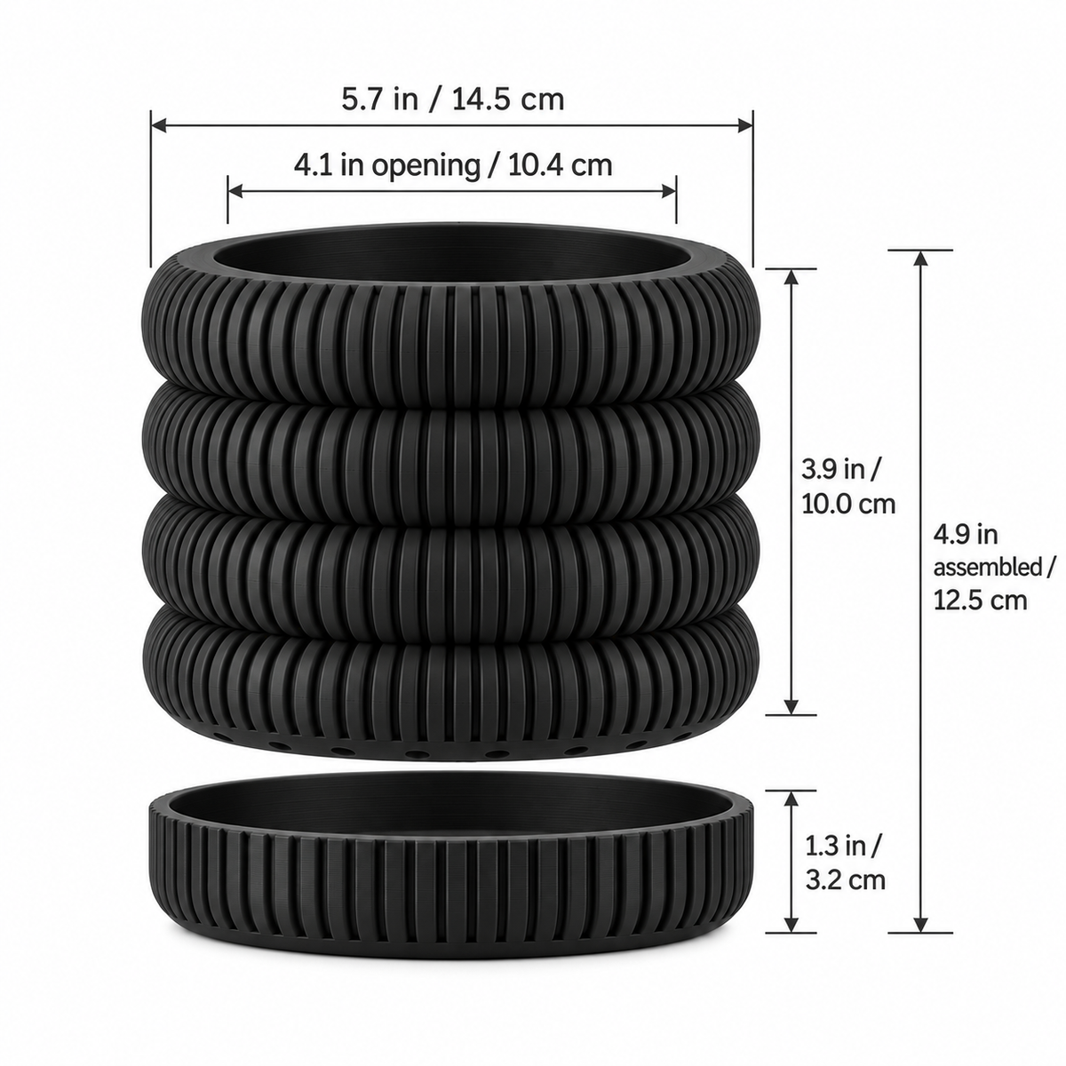 Coin Stack Planter dimensions - 5.7 inches diameter, 4.1 inch opening, 3.9 inch pot, 1.3 inch tray, 4.9 inches assembled