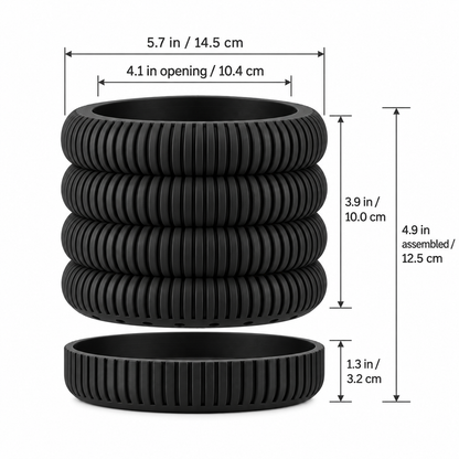 Coin Stack Planter dimensions - 5.7 inches diameter, 4.1 inch opening, 3.9 inch pot, 1.3 inch tray, 4.9 inches assembled
