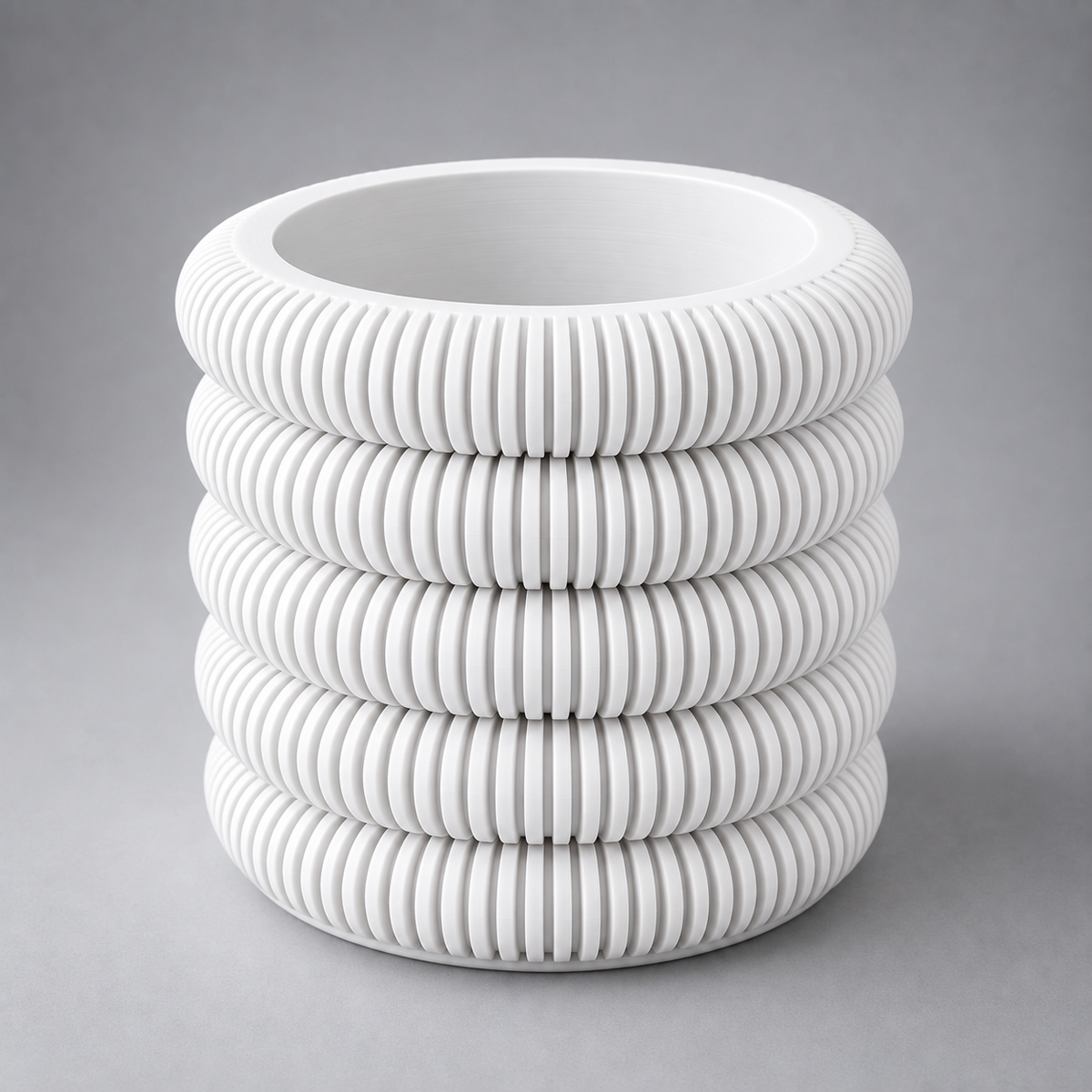 DiyArts Coin Stack Planter with Drip Tray in Jade White, five stacked ribbed rings, studio product shot