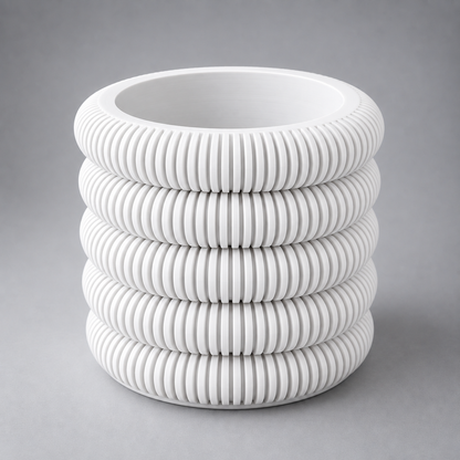 DiyArts Coin Stack Planter with Drip Tray in Jade White, five stacked ribbed rings, studio product shot