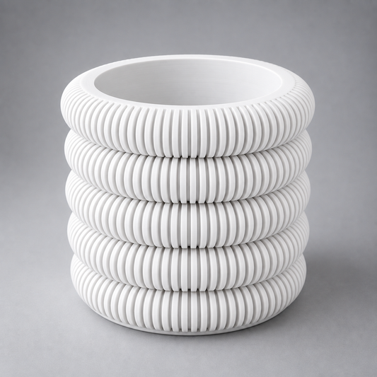 DiyArts Coin Stack Planter with Drip Tray in Jade White, five stacked ribbed rings, studio product shot