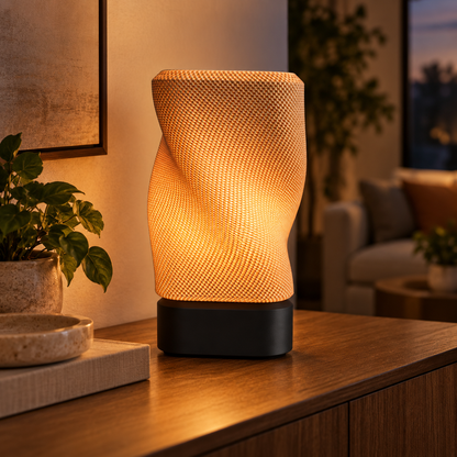 Twist Weave Table Lamp in Matte Black glowing on a wooden console table