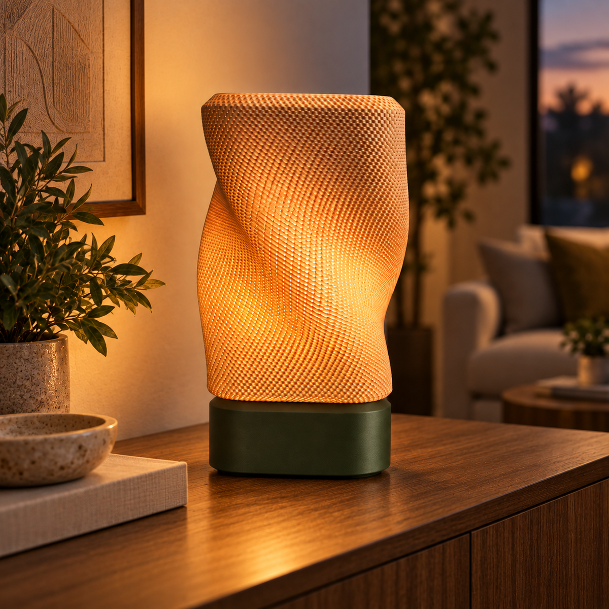 Twist Weave Table Lamp in Moss Green glowing on a wooden console table