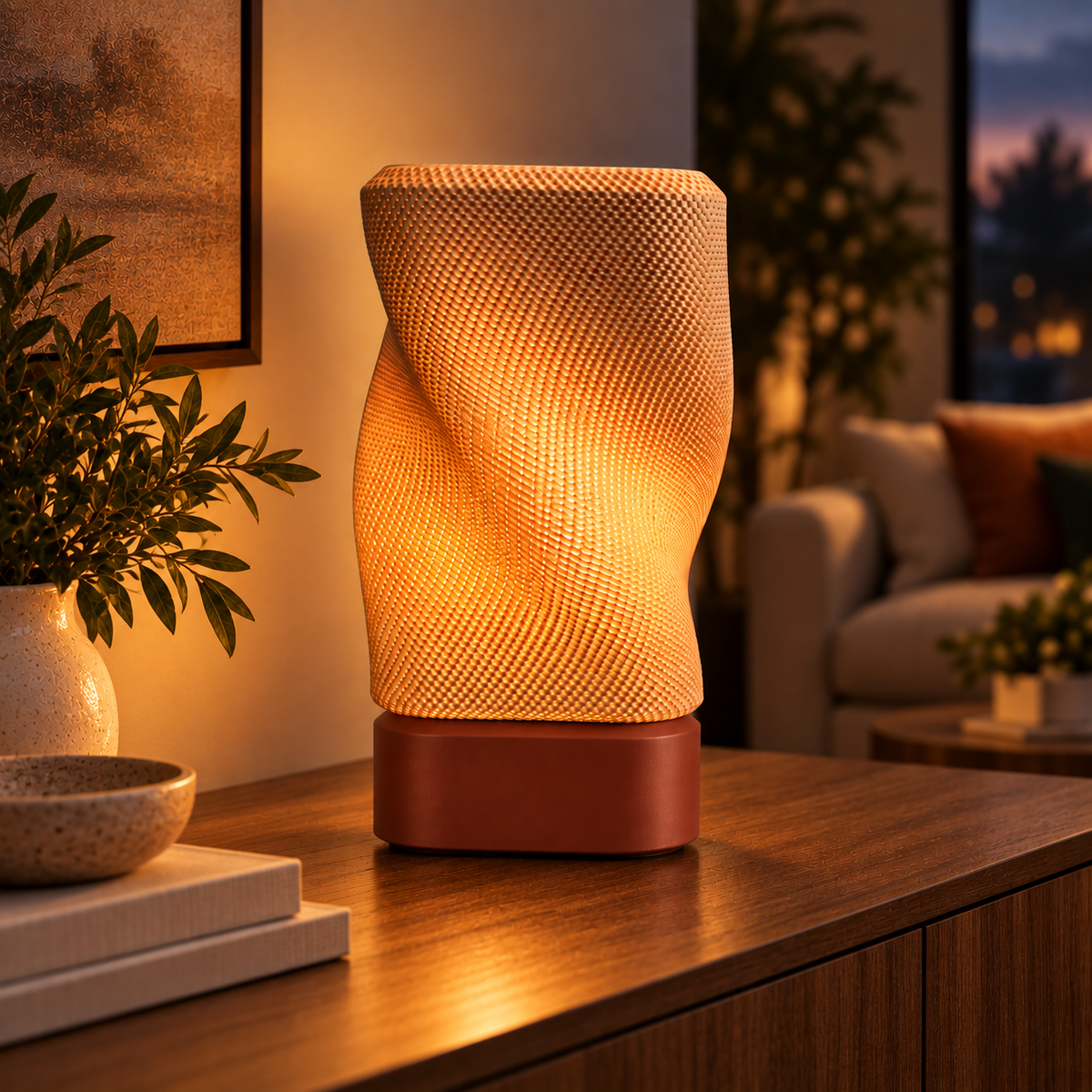 Twist Weave Table Lamp in Burnt Rust glowing on a wooden console table