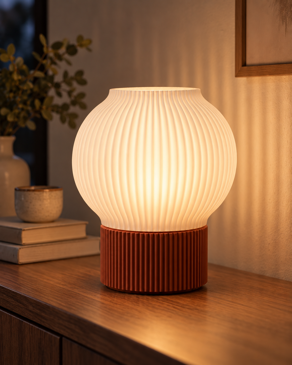 Ripple Table Lamp, Globe shade in Jade White, glowing on a wooden console table