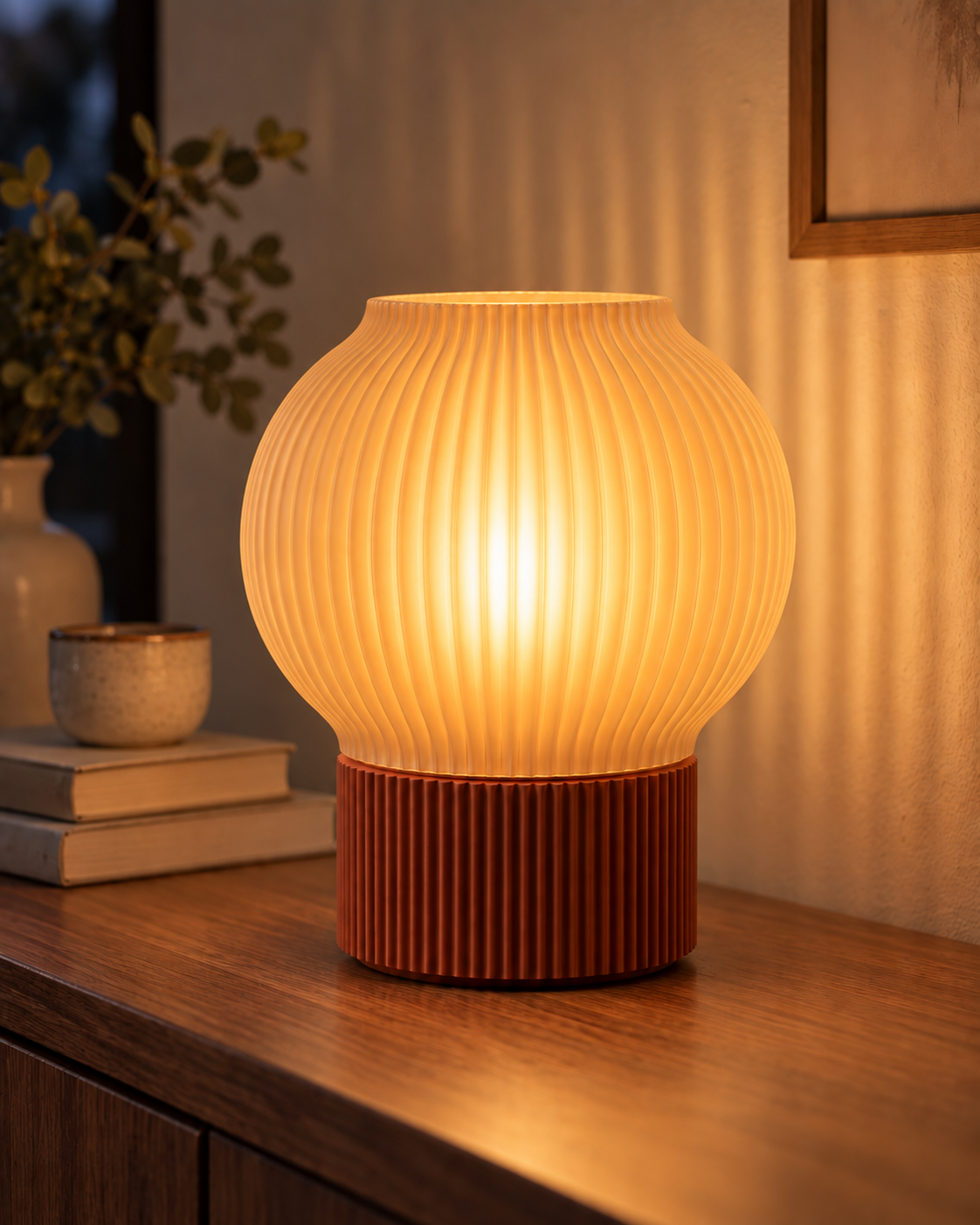 Ripple Table Lamp, Globe shade in Translucent Honey, glowing on a wooden console table