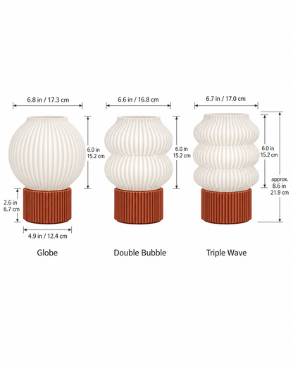 Ripple Table Lamp dimensions - Globe, Double Bubble and Triple Wave shades 6.0 inches tall, base 4.9 x 2.6 inches, total height approx. 8.6 inches