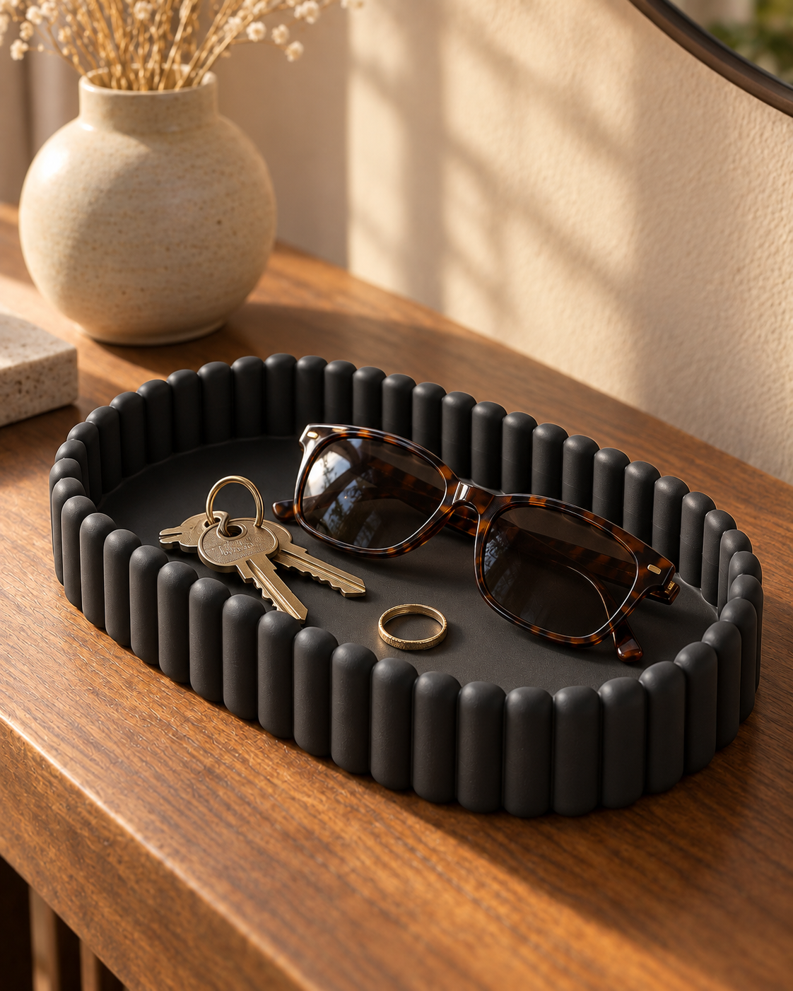 Ripple Catch-All Tray in Matte Black holding keys, sunglasses and a ring on a wooden entryway console