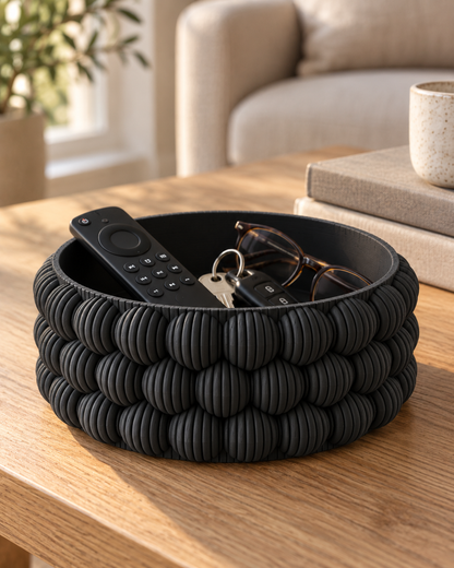 Bubble Catch-All Bowl in Matte Black holding a remote, keys and glasses on an oak coffee table