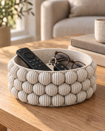 Bubble Catch-All Bowl in White Marble holding a remote, keys and glasses on an oak coffee table