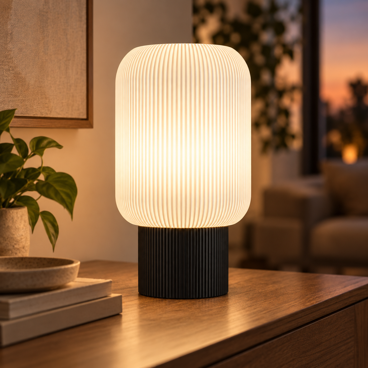 Column Ribbed Table Lamp, Cylinder base in Matte Black, glowing on a wooden console table
