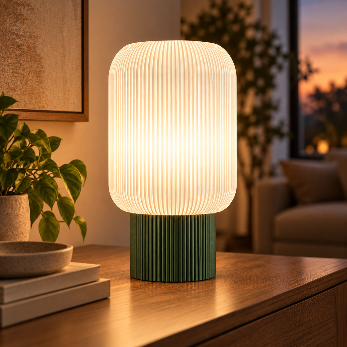 Column Ribbed Table Lamp, Cylinder base in Moss Green, glowing on a wooden console table