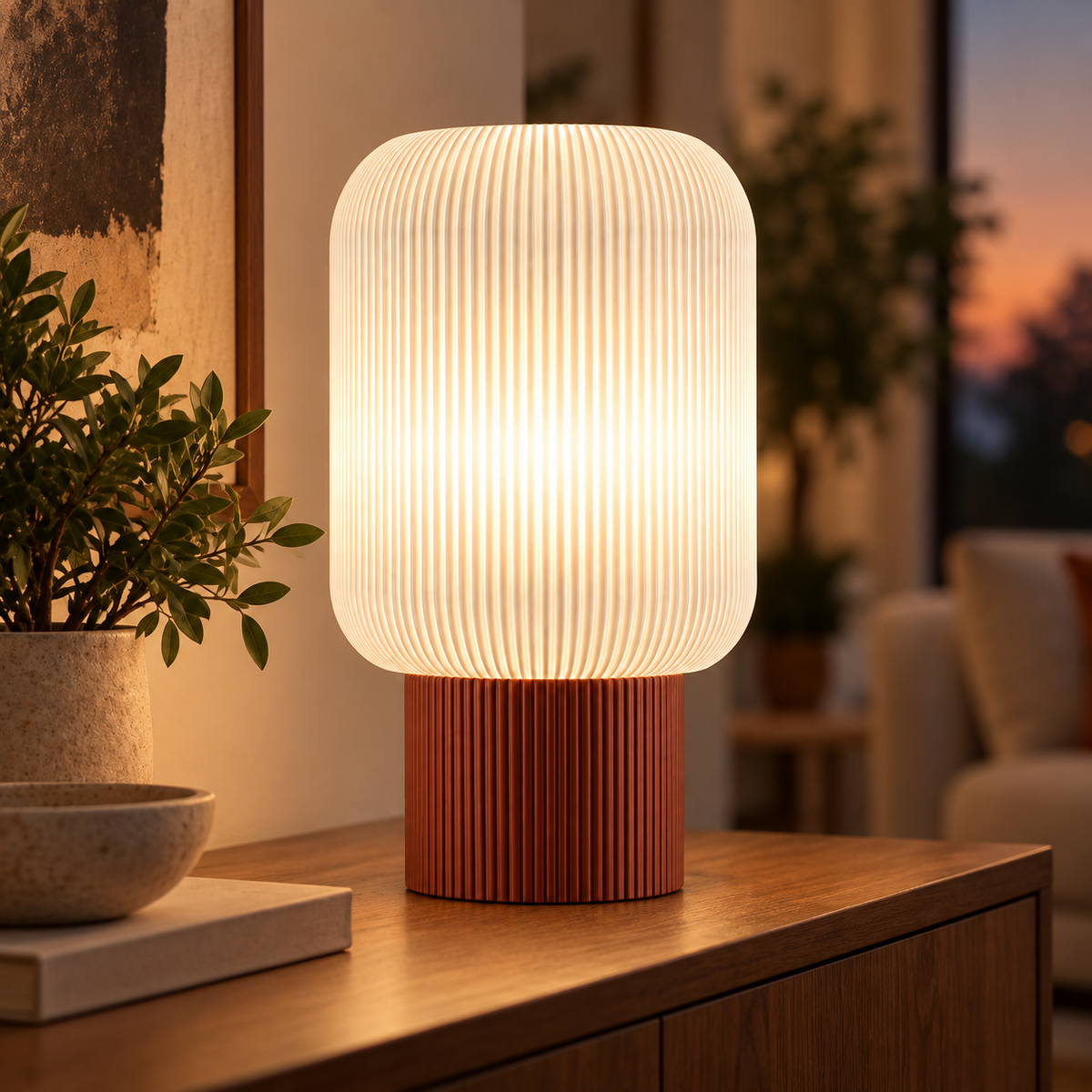Column Ribbed Table Lamp, Cylinder base in Burnt Rust, glowing on a wooden console table