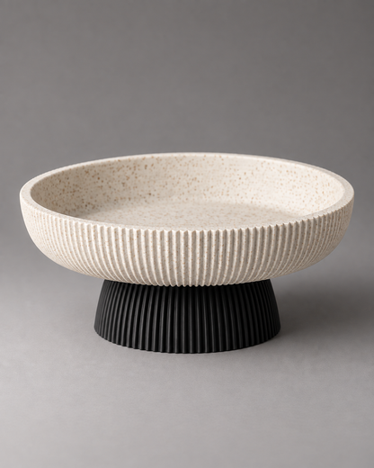DiyArts Column Pedestal Bowl, White Marble fluted bowl on Matte Black base, studio product shot