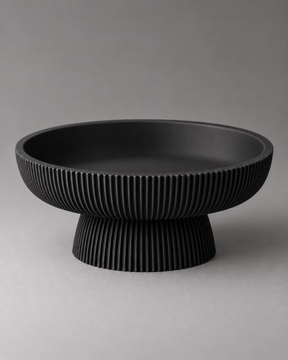 DiyArts Column Pedestal Bowl in all Matte Black, fluted bowl and base, studio product shot