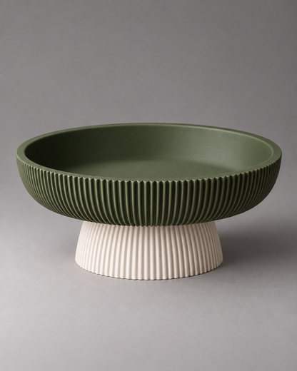 DiyArts Column Pedestal Bowl, Moss Green fluted bowl on Jade White base, studio product shot
