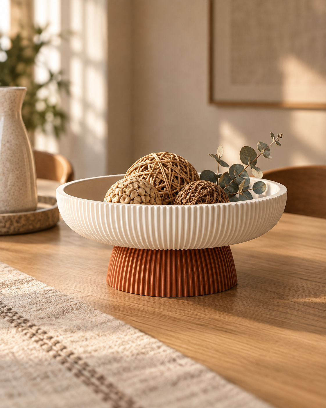 Column Pedestal Bowl in Jade White and Burnt Rust as a dining table centerpiece with dried botanicals