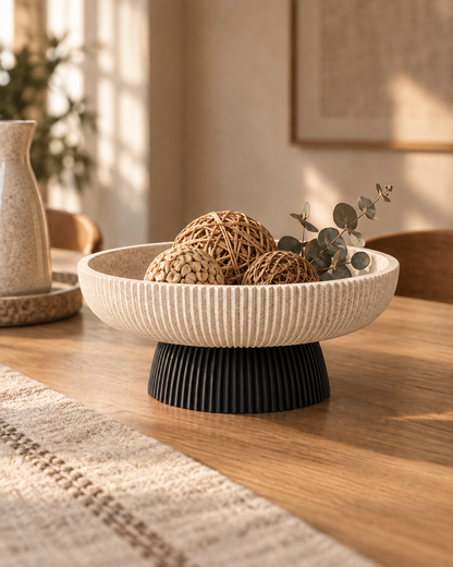 Column Pedestal Bowl in White Marble and Matte Black as a dining table centerpiece with dried botanicals