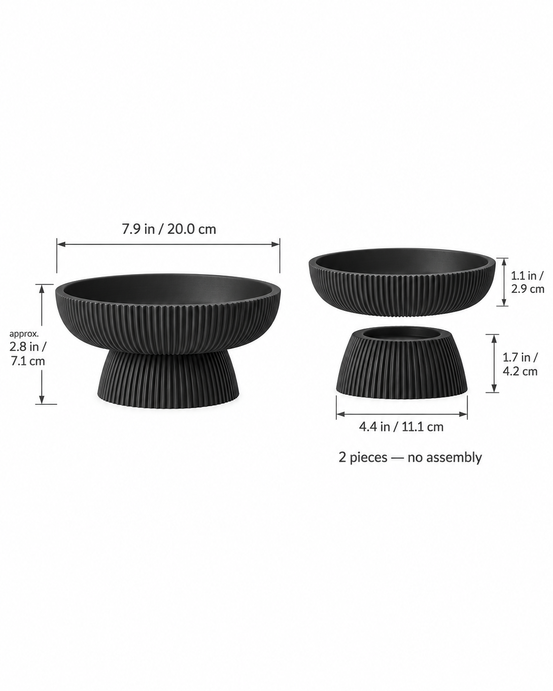 Column Pedestal Bowl dimensions - 7.9 inch bowl, 4.4 inch base, 2.8 inches tall assembled, two pieces