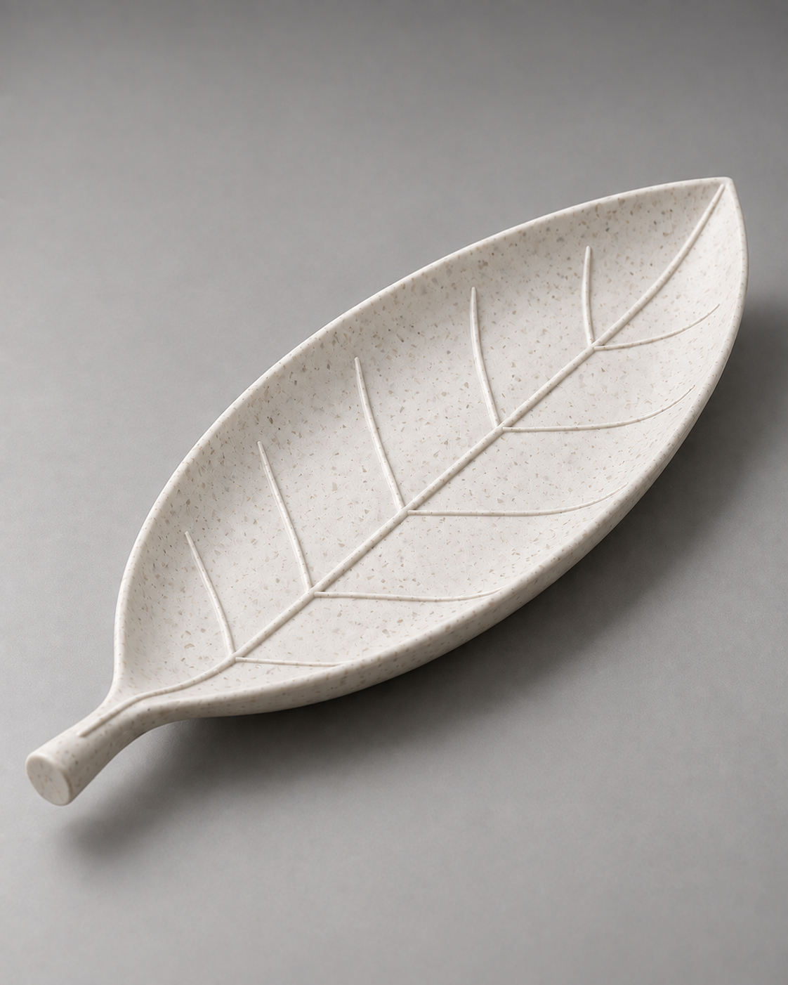 DiyArts Leaf Catch-All Tray in White Marble, speckled stone-look leaf dish, studio product shot
