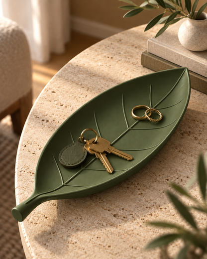 Leaf Catch-All Tray in Moss Green holding keys and rings on a travertine side table