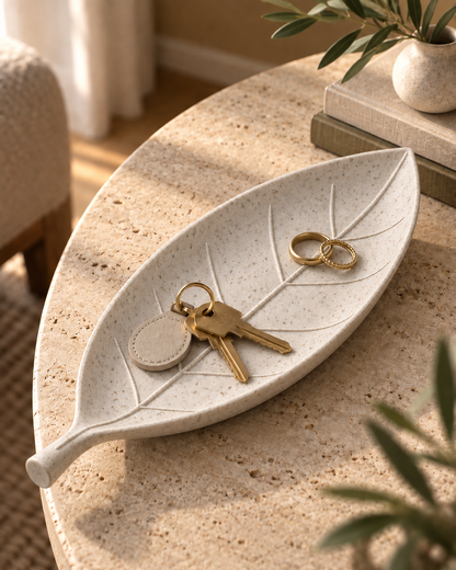 Leaf Catch-All Tray in White Marble holding keys and rings on a travertine side table
