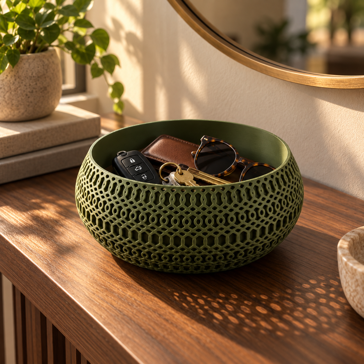 Lattice Catch-All Bowl in Moss Green holding keys, a wallet and sunglasses on a walnut entryway console
