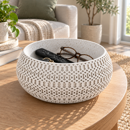 Lattice Catch-All Bowl in White Marble holding a remote, glasses and keys on an oak coffee table