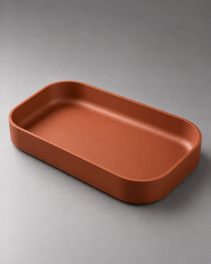 DiyArts Edge Valet Tray in Burnt Rust, minimal rounded rectangle dish, studio product shot