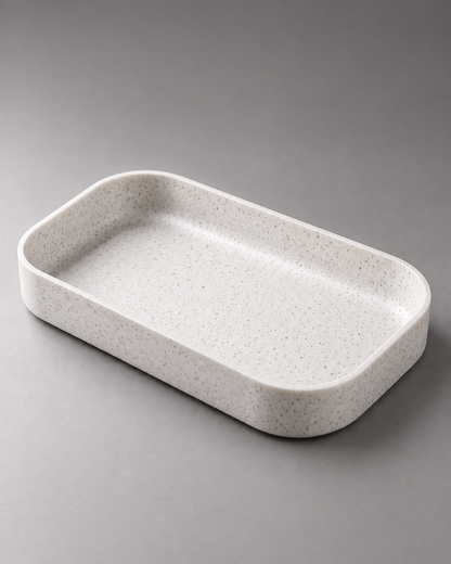 DiyArts Edge Valet Tray in White Marble, speckled stone-look finish, studio product shot