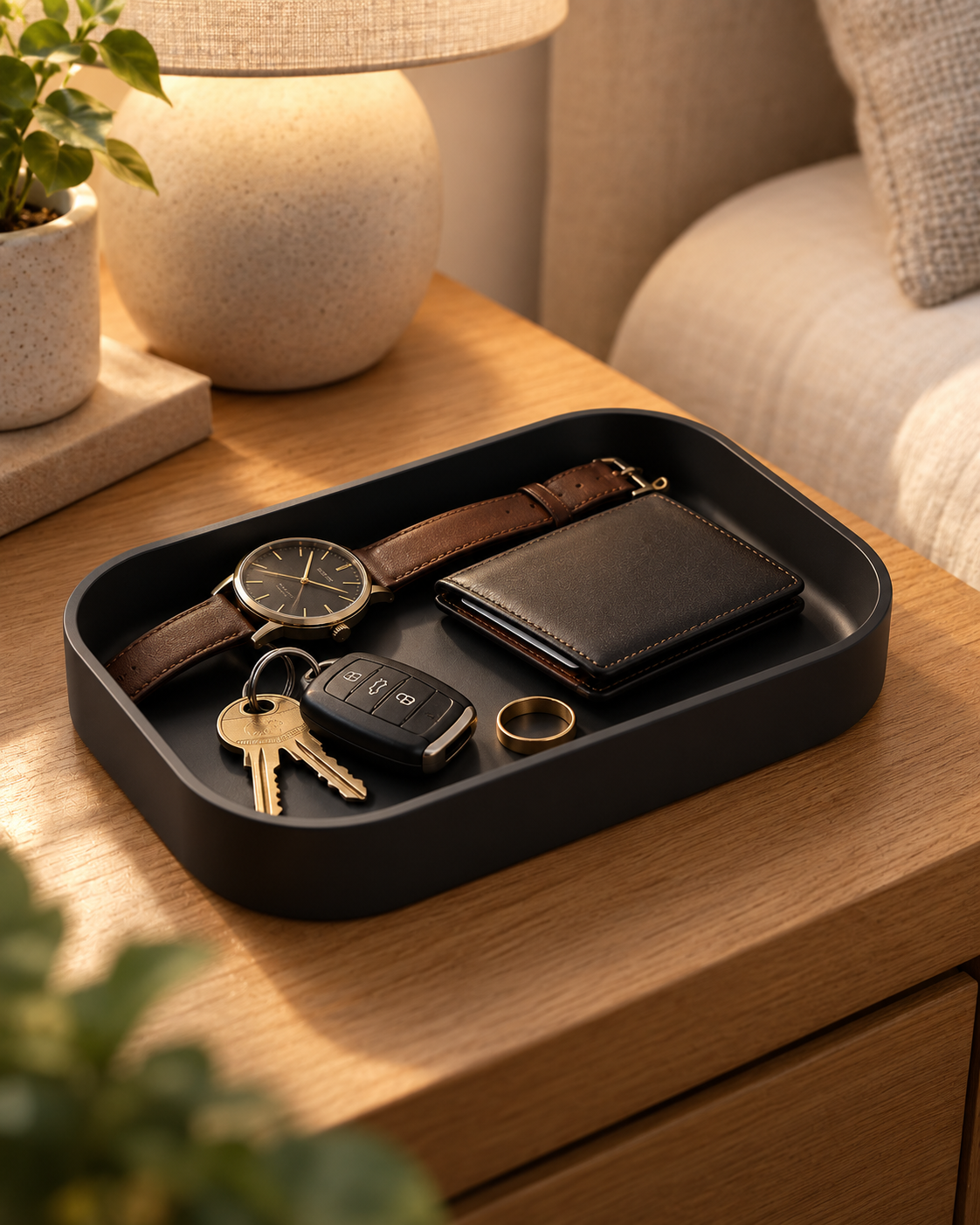 Edge Valet Tray in Matte Black holding a watch, wallet, keys and ring on an oak nightstand