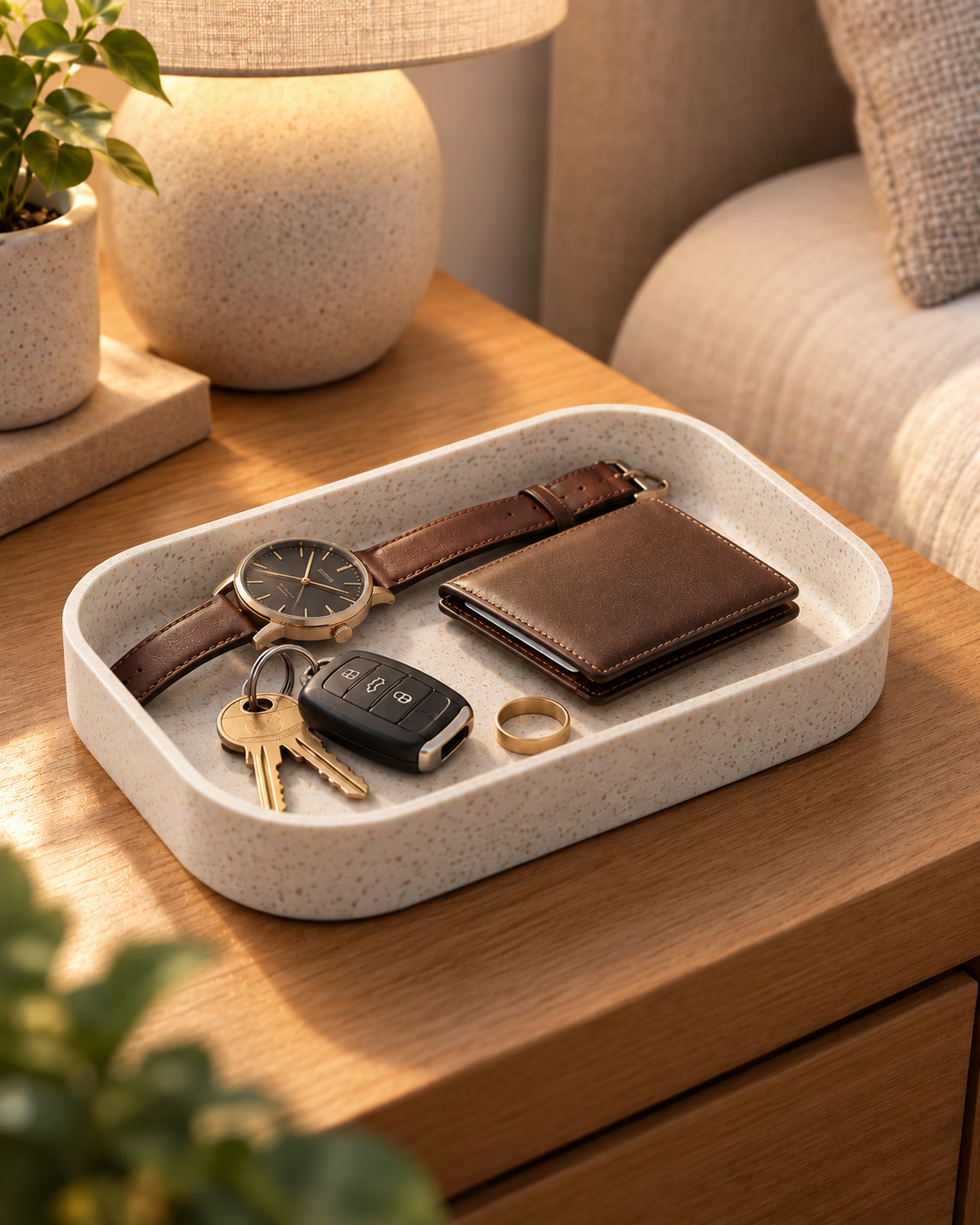 Edge Valet Tray in White Marble holding a watch, wallet, keys and ring on an oak nightstand