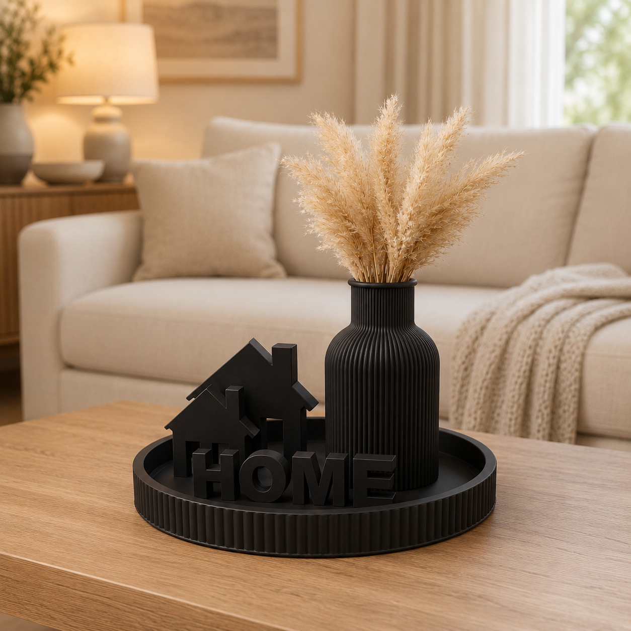 White HOME Decorative Centerpiece Tray with Vase & House Accents | Farmhouse Table Decor