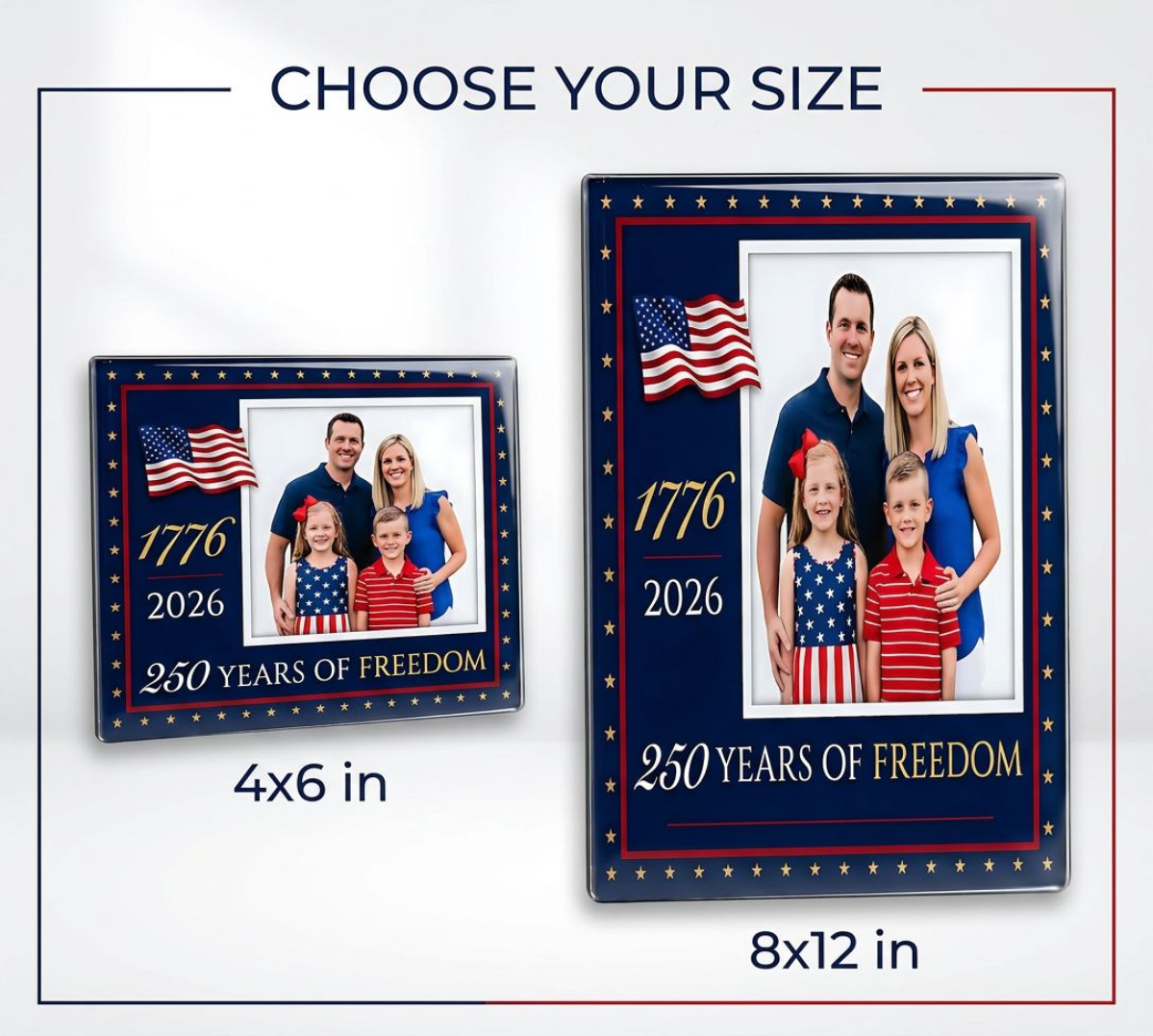 Size guide for the America 250 acrylic photo plaque - 4x6 in and 8x12 in