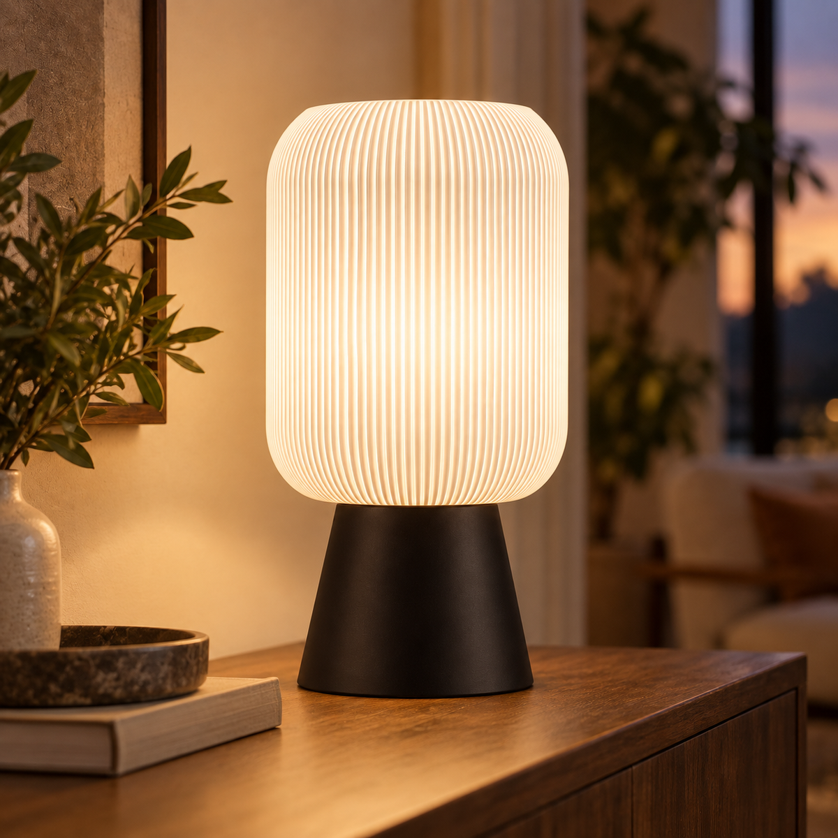 Column Ribbed Table Lamp, Cone base in Matte Black, glowing on a wooden console table
