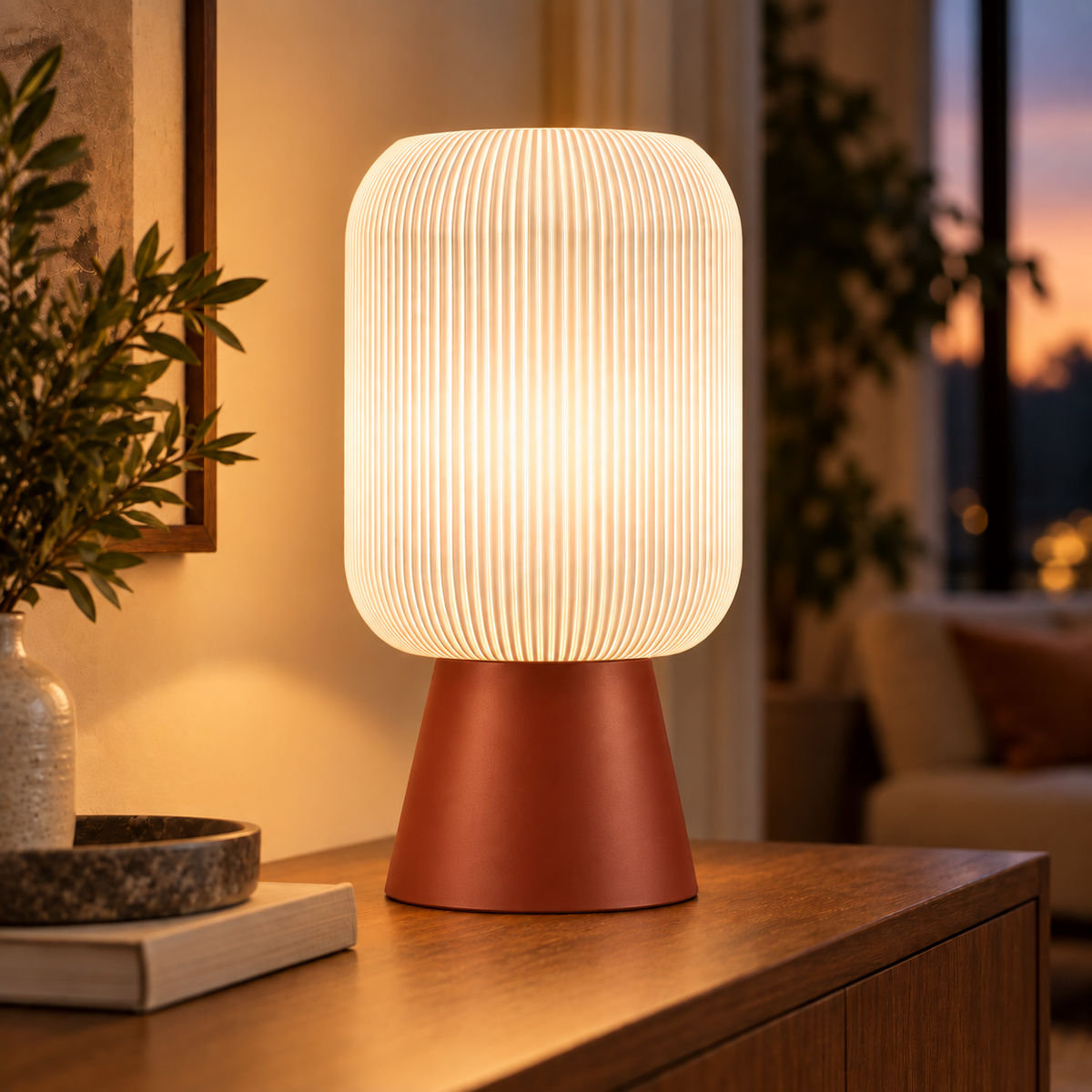 Column Ribbed Table Lamp, Cone base in Burnt Rust, glowing on a wooden console table