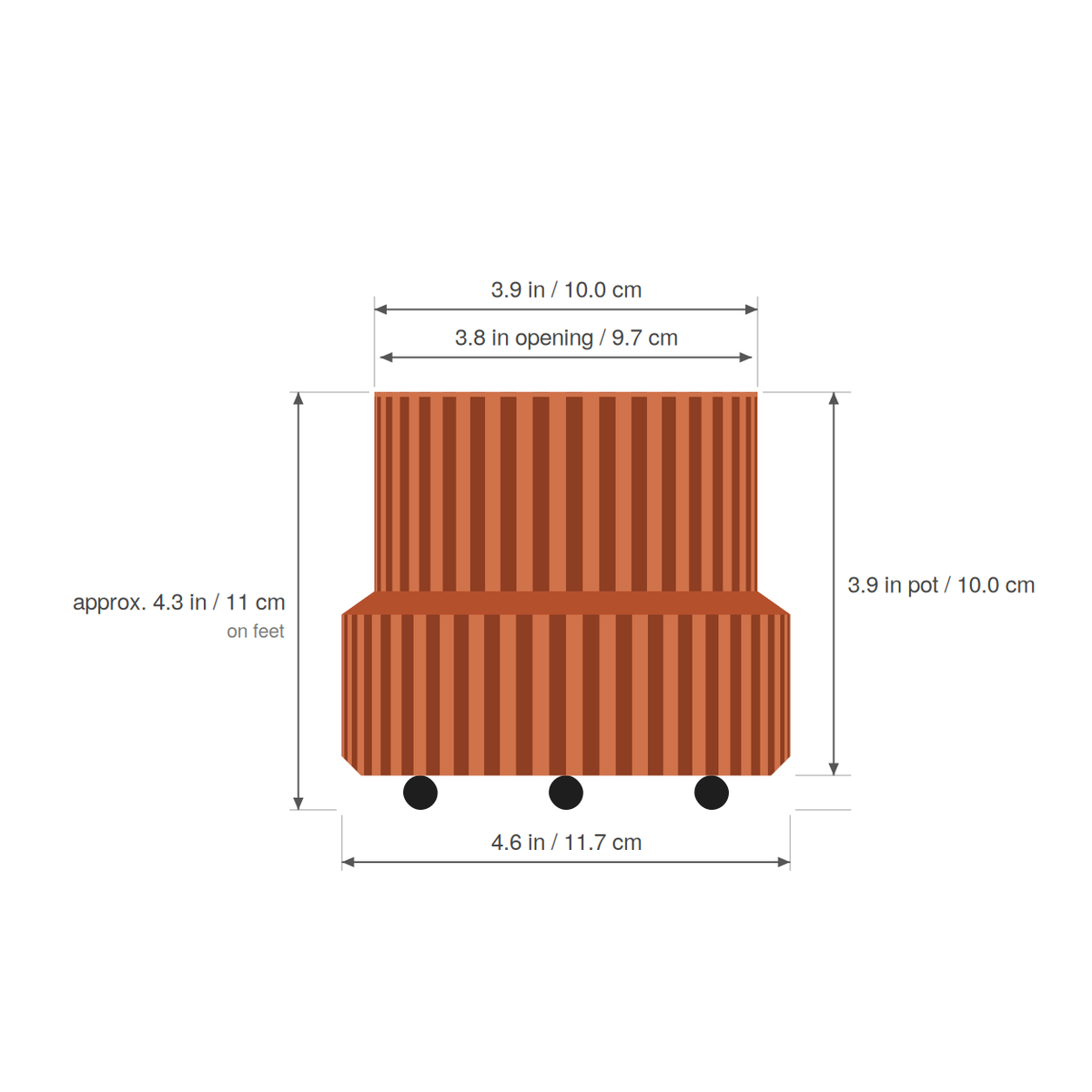 Chubby Fluted Planter dimensions - 4.6 inch skirt, 3.9 inch cylinder, 3.8 inch opening, 3.9 inch pot height, about 4.3 inches on feet