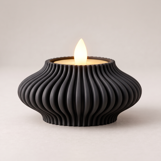 DiyArts Fluted Tealight Candle Holder in Matte Black, sculptural ribbed fins with an LED tealight, studio product shot