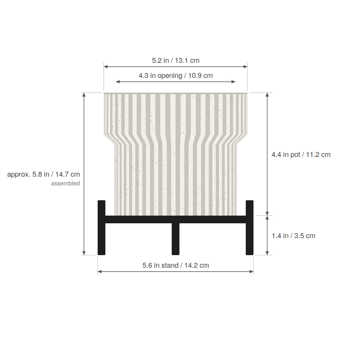 Flared Fluted Planter dimensions - 5.2 inch crown, 4.3 inch opening, 4.4 inch pot height, 5.6 inch stand, about 5.8 inches tall assembled