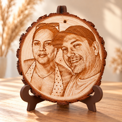 Custom photo laser engraved on a real pine wood slice with bark, standing on a brown display stand