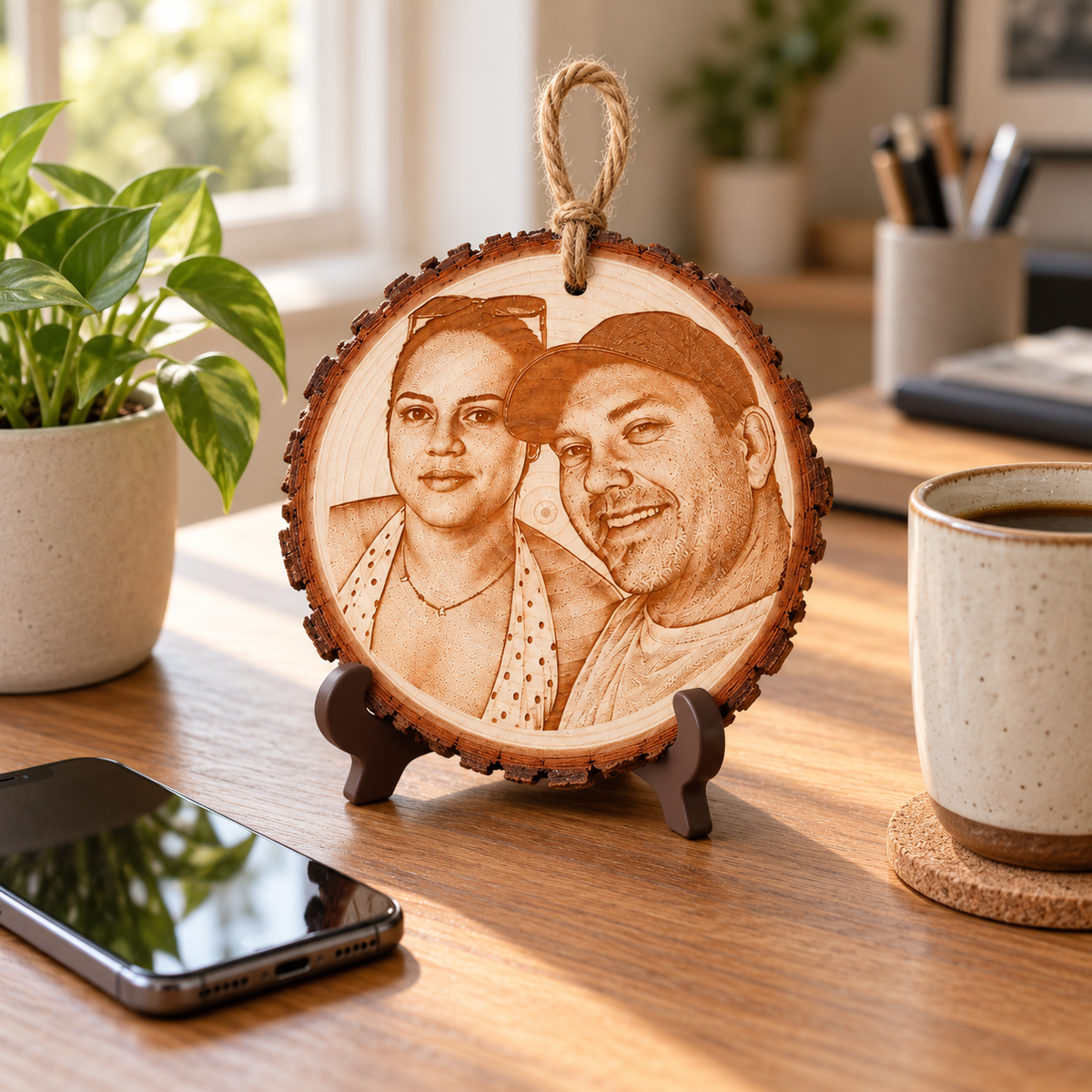 Photo engraved wood slice on its display stand on a wooden desk next to a phone and a coffee mug