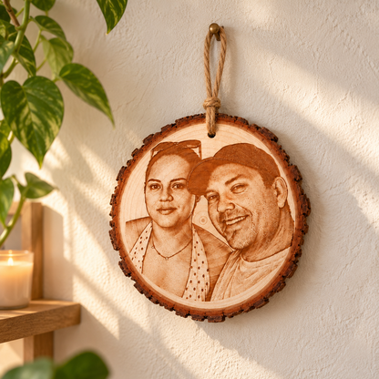 Photo engraved wood slice hanging from a nail by its jute twine on a light wall