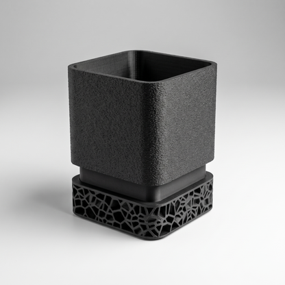 DiyArts Voronoi Square Planter with Drip Tray in Matte Black, textured cube pot on Voronoi lattice base, studio product shot