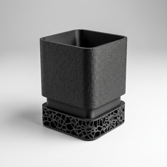 DiyArts Voronoi Square Planter with Drip Tray in Matte Black, textured cube pot on Voronoi lattice base, studio product shot