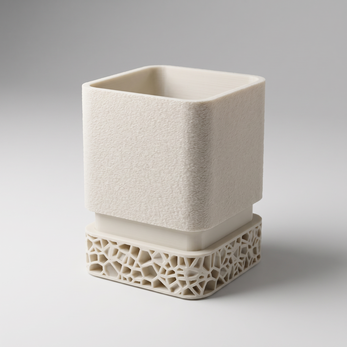 DiyArts Voronoi Square Planter with Drip Tray in Jade White, textured cube pot on Voronoi lattice base, studio product shot
