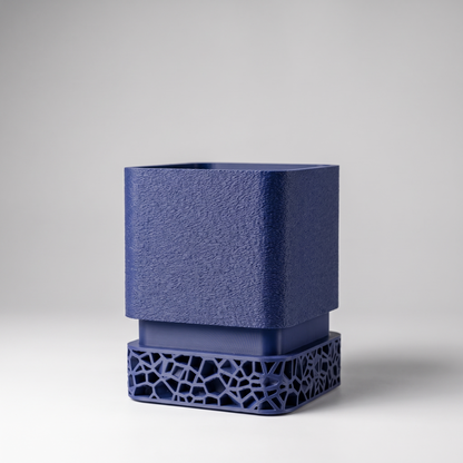 DiyArts Voronoi Square Planter with Drip Tray in Deep Indigo Blue, textured cube pot on Voronoi lattice base, studio product shot