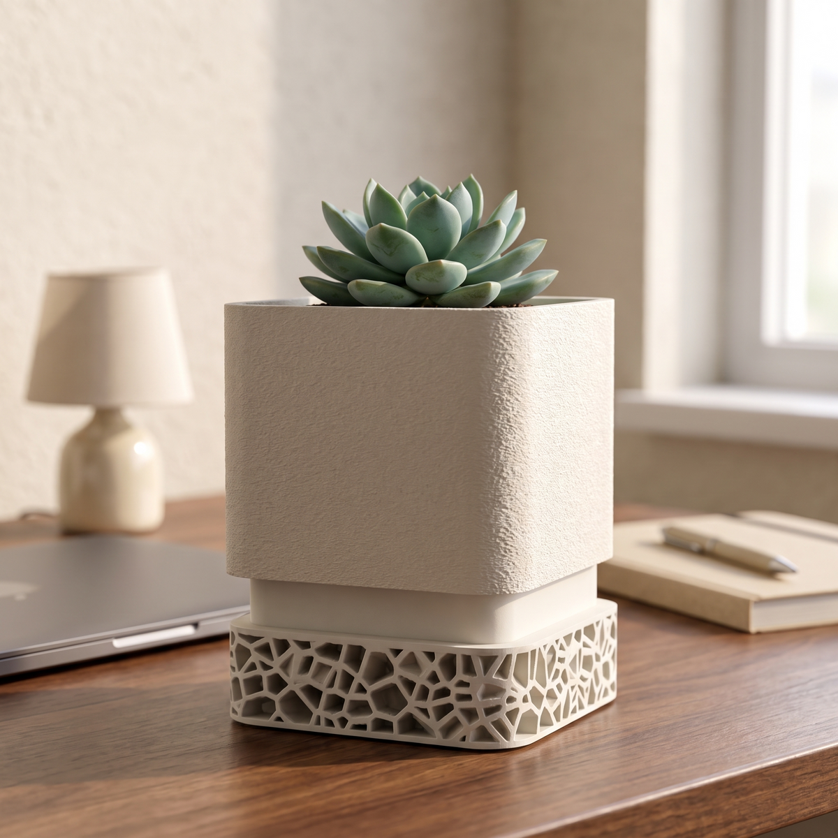 Voronoi Square Planter in Jade White holding a succulent on a walnut desk