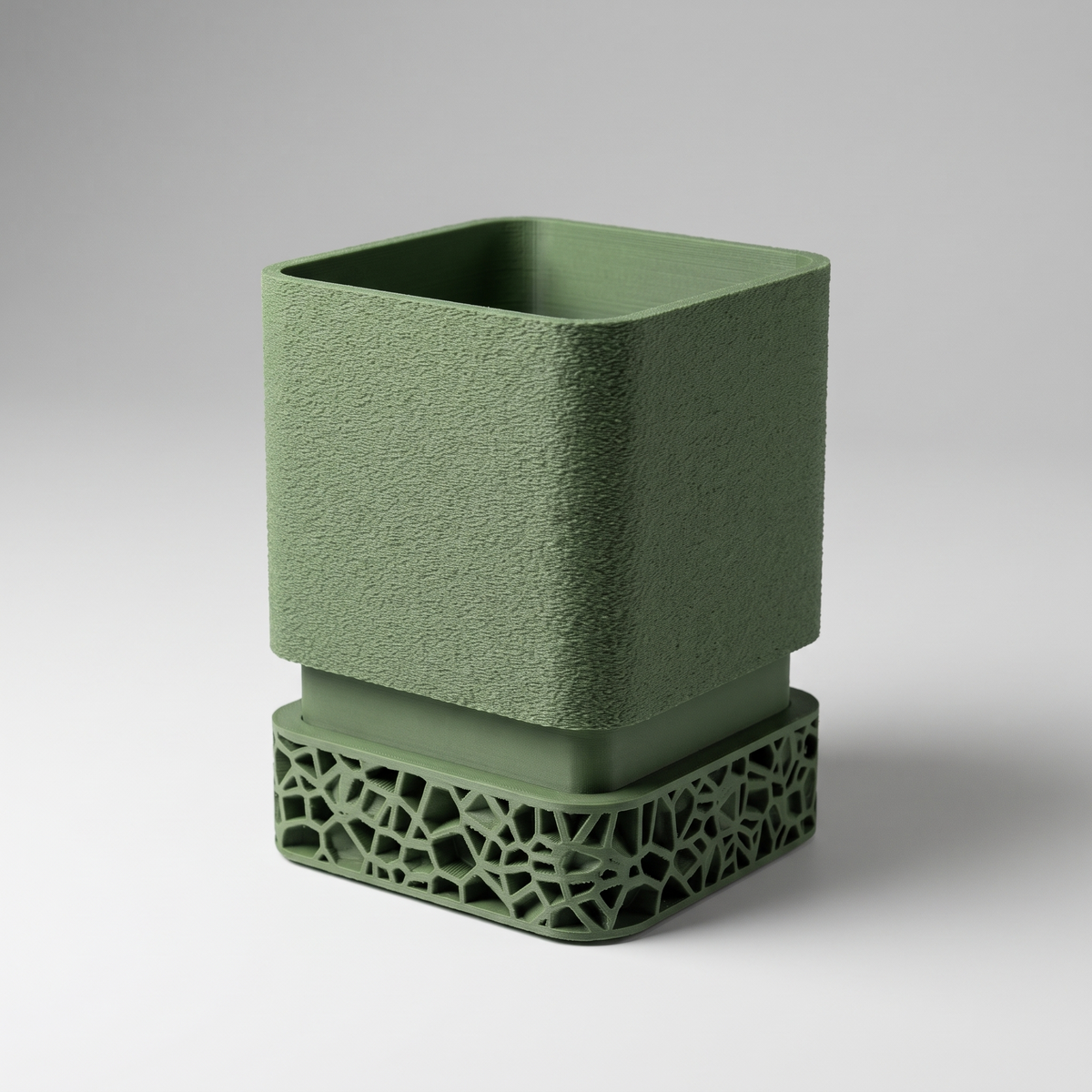 DiyArts Voronoi Square Planter with Drip Tray in Moss Green, textured cube pot on Voronoi lattice base, studio product shot