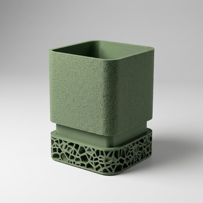 DiyArts Voronoi Square Planter with Drip Tray in Moss Green, textured cube pot on Voronoi lattice base, studio product shot