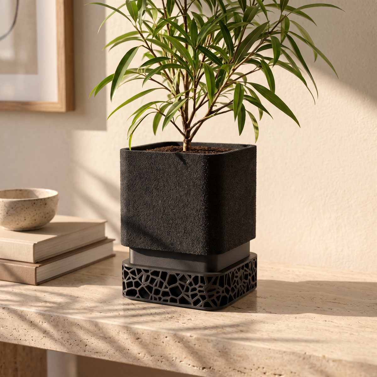 Voronoi Square Planter in Matte Black holding a small ficus on a travertine console